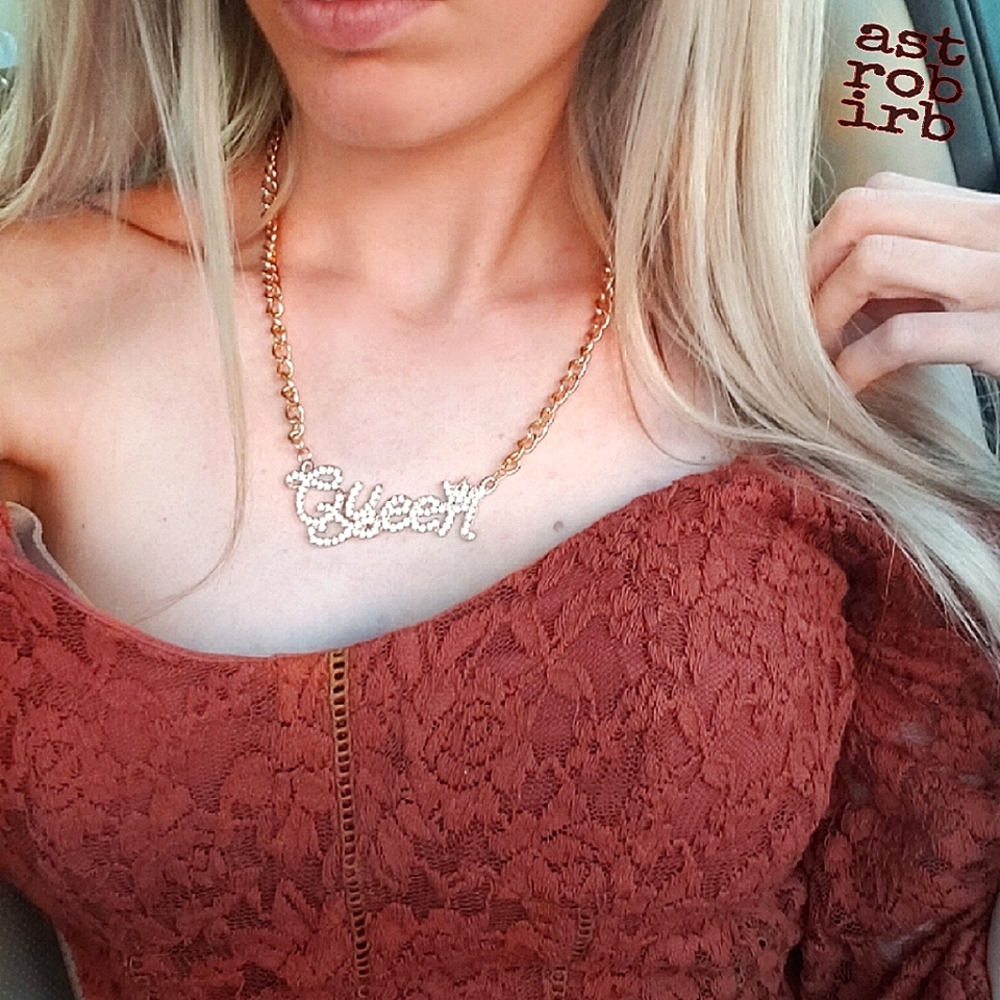 Gold Queen Crown Graphic Rhinestone Necklace